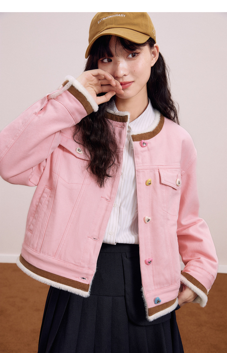 乐町拼色牛仔外套2022秋季新款双色甜美短外套女宽松设计感小众 牛仔