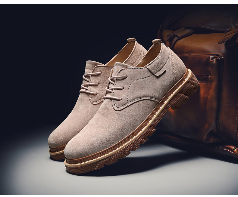 新款棕色男鞋反绒皮休闲皮鞋潮流板鞋系带上班四季鞋子 卡其色 39