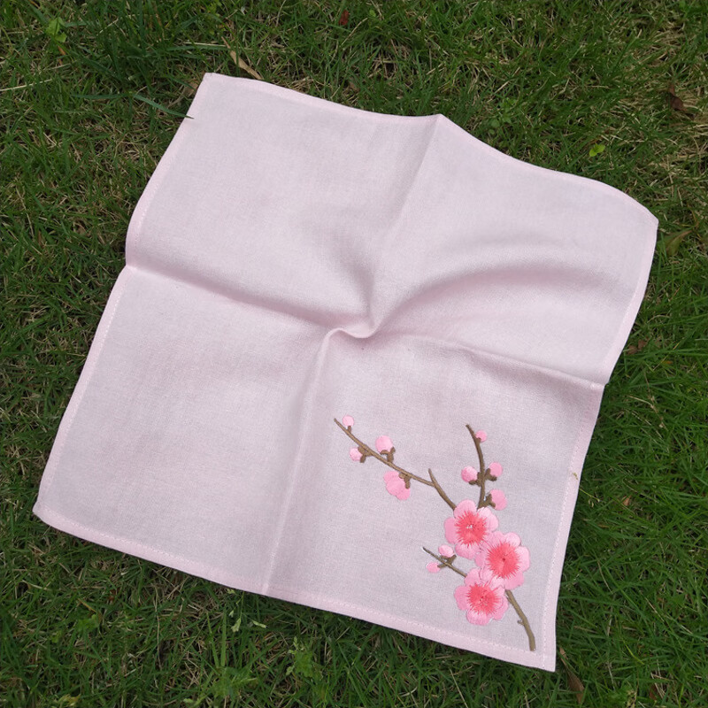 刺绣梅花纯棉手帕女全棉方巾手绢茶巾擦手擦脸白色粉色新款 粉色