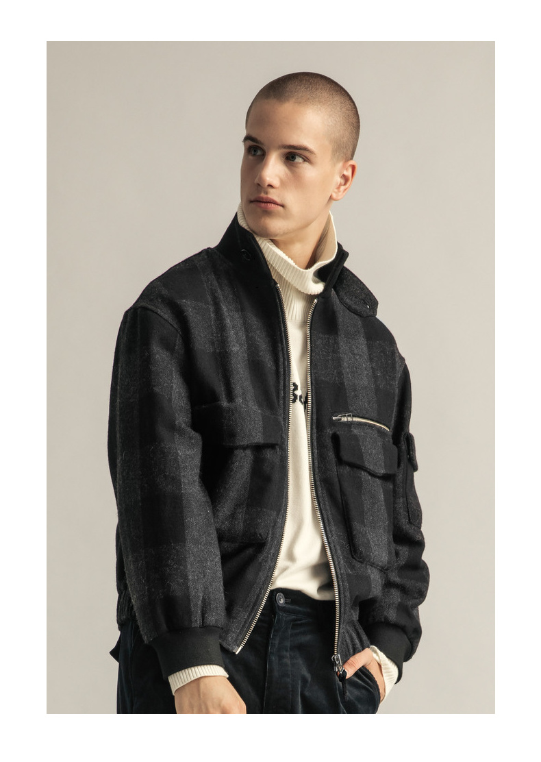 【商场同款】ak男装精锐系列立领格子毛呢夹克男厚夹克1941476 深灰 l