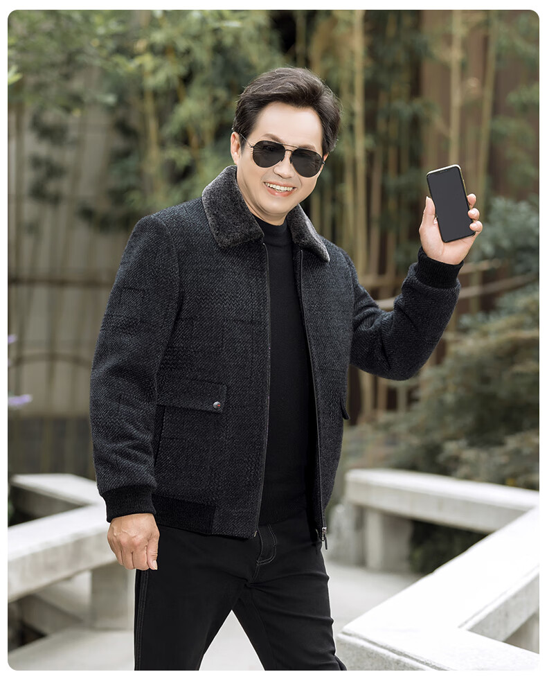 高品质爸爸冬装外套中老年毛呢男老年人加绒加厚衣服爷爷棉衣中年男人