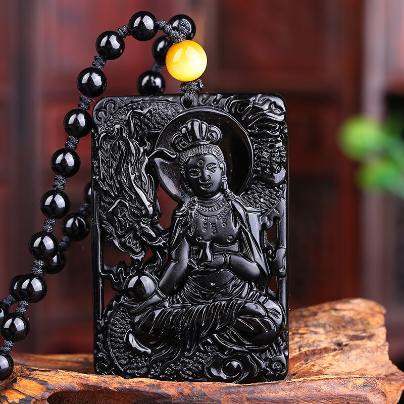 梓瑞珠宝天然黑曜石降龙观音精雕双面镂空雕刻观世音菩萨宝瓶观音男女