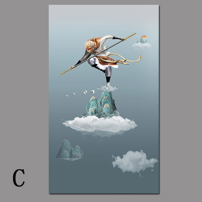 孙悟空玄关沙发背景墙壁挂画像竖版自粘贴画齐天大圣装饰画芯打印 f