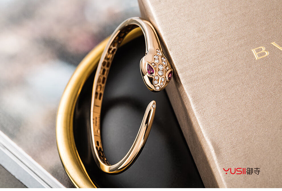 【二手95新】bvlgari宝格丽蛇头手镯18k玫瑰金带钻碧玺蛇眼专柜正品