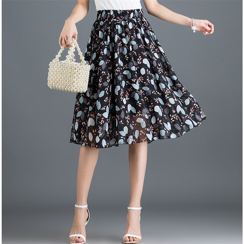 碎花半身裙中年女士碎花半身裙夏季新品雪纺纱字中长款百褶裙伞裙内衬