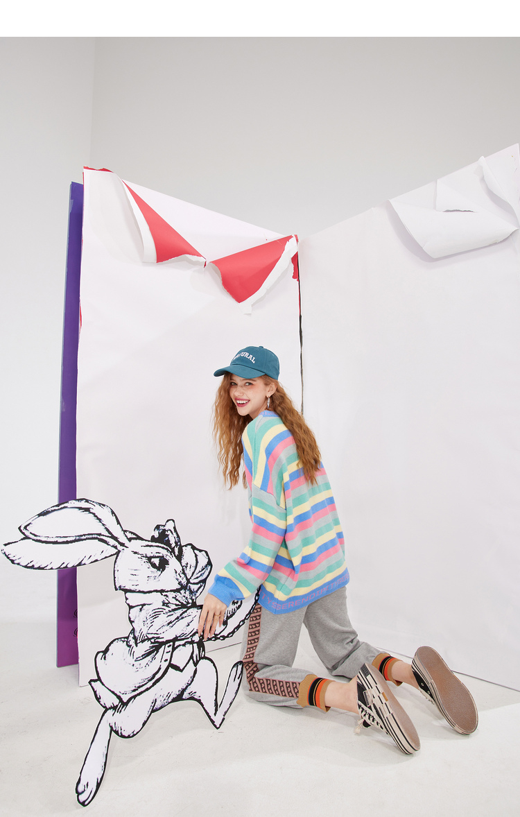 【新款】妖精的口袋软奶风彩虹条纹针织毛衣女2021秋季慵懒风上衣 粉