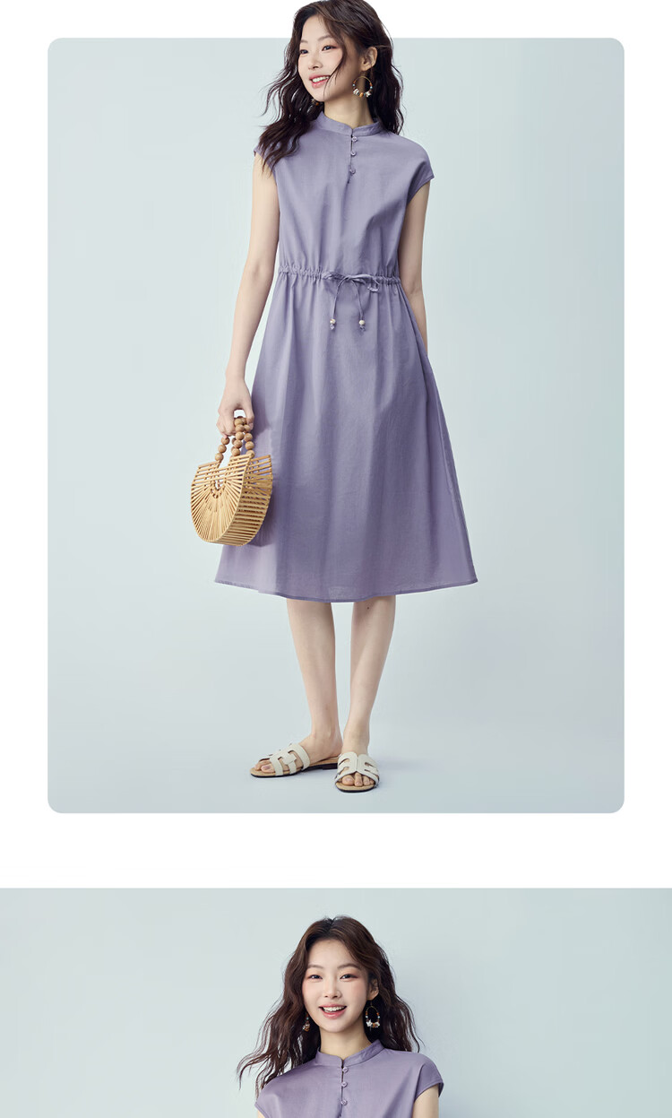 Giordano Women's Summer New Cotton Linen Tie Waist Stand Collar Short Sleeve Dress 05466327 14