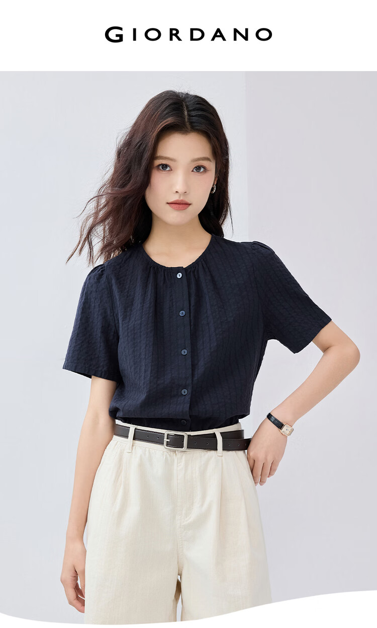Giordano Women's Textured Cotton Dark Stripe French Collar Commuter Short Sleeve Shirt 05345477 3