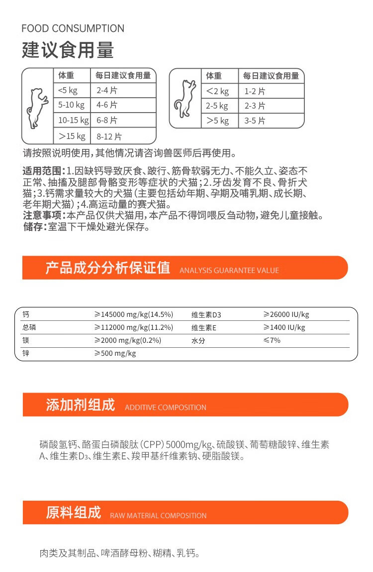 5，紅狗鈣王貓咪鈣片狗狗健骨補鈣泰迪金毛幼犬寵物鈣片 犬貓鈣片200片*3瓶