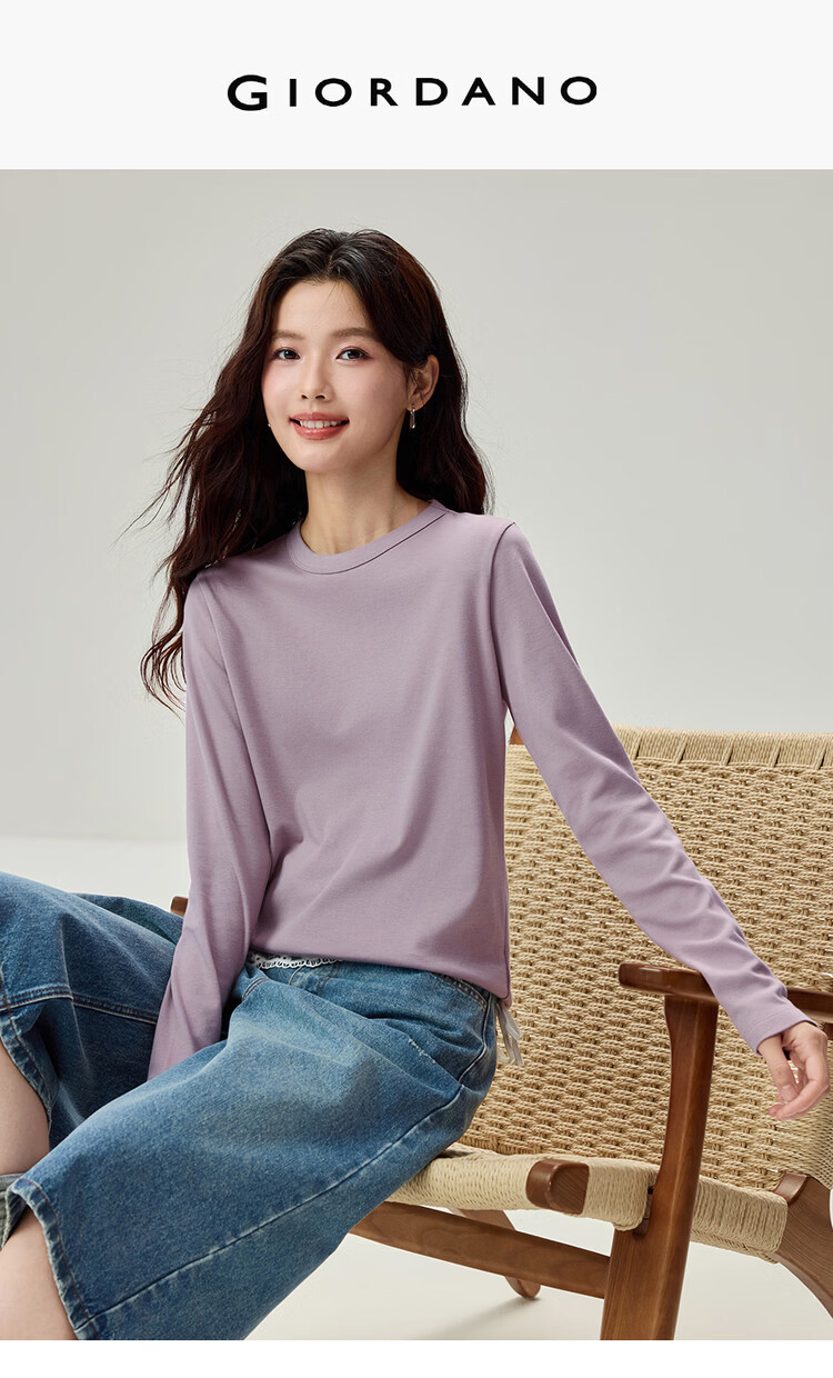 Giordano Women's T-Shirt, Pure Cotton Basic Undershirt, Luxurious Smooth Touch, Round Neck Long Sleeve T-Shirt for Women, 05322805 3