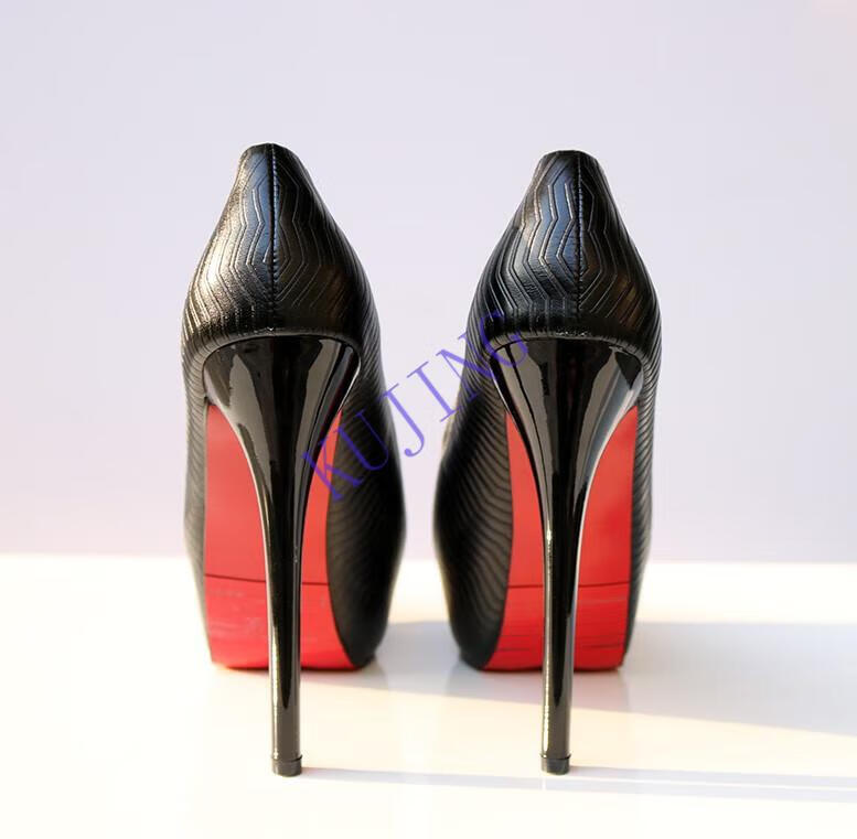 kujing高端品牌波浪纹 红底超高跟鱼嘴鞋女单 杏色夜店恨天高防水台细