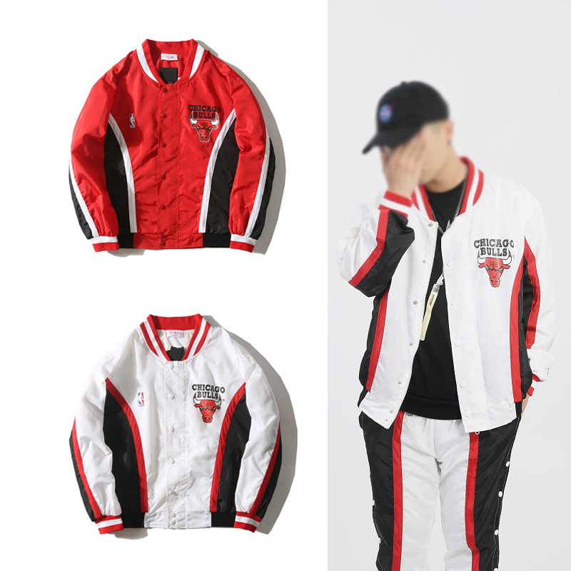 ba公牛队球员版出场服复古外套开衫拉链夹克棒球服秋季潮os版 白色 m