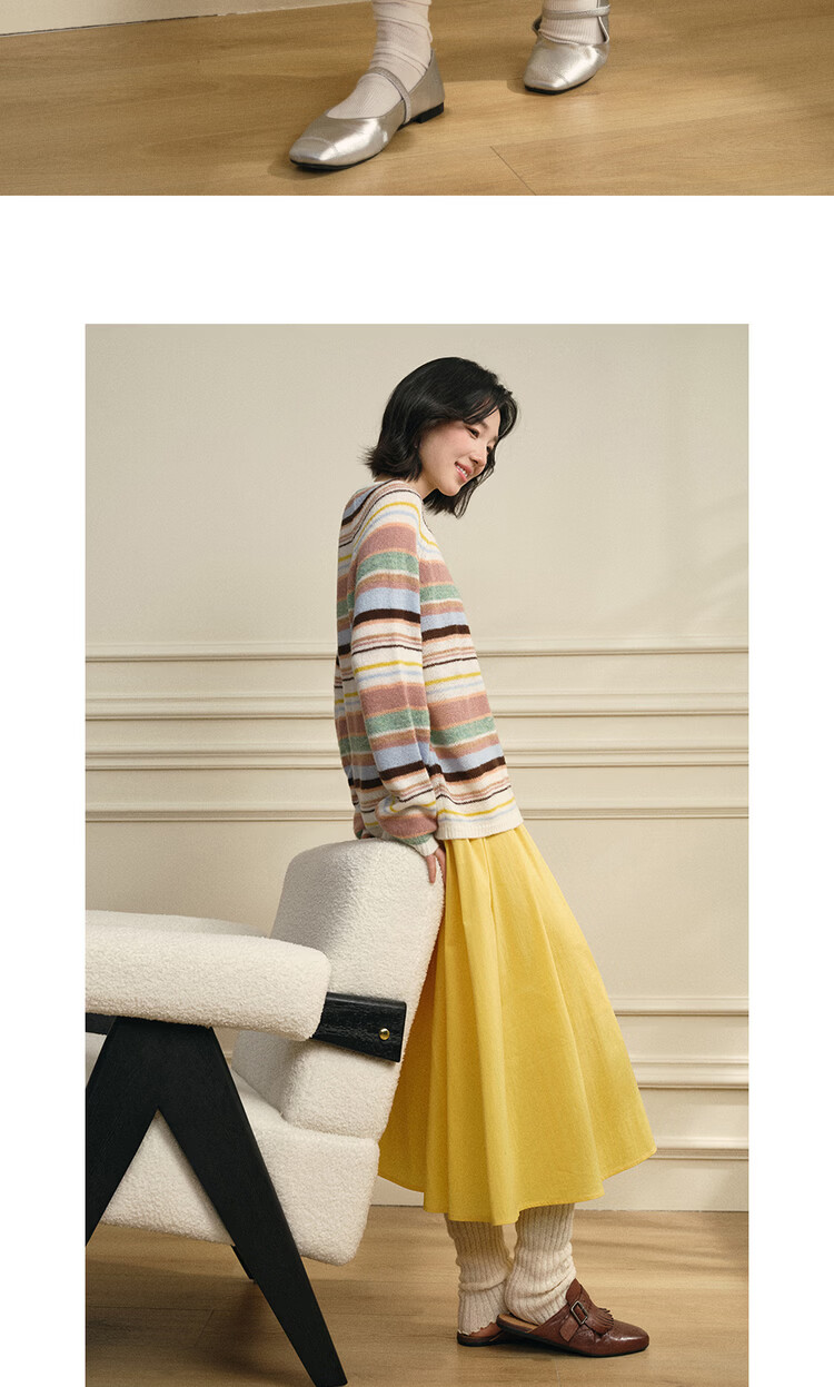 Giordano Designer Pleated Flared Skirt Women's 2026 Summer Yellow Elastic Waist Skirt 18466204 11