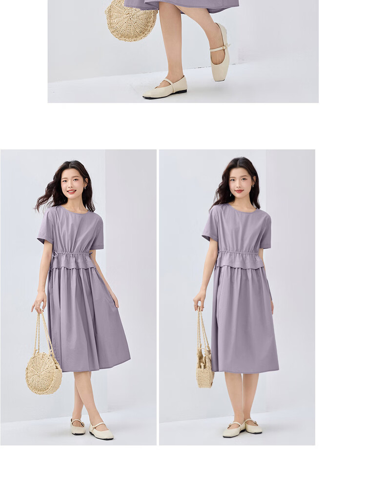 Giordano Women's New Pure Cotton Poplin Fake Two-Piece Drawstring Waist Slim Fit Round Neck Dress 05464330 20