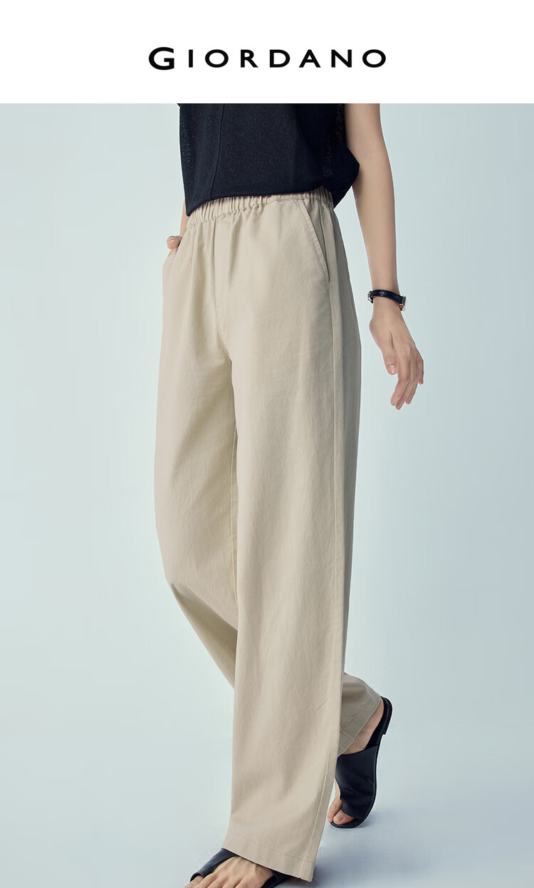 Giordano Women's Linen Pants, New Summer 2026 Style, Cotton And Linen, Elastic Waist, Loose Straight-Leg Casual Pants, 05416315 3