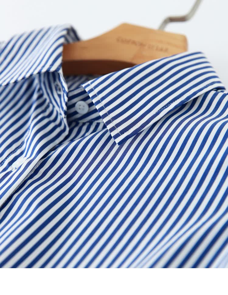 初棉美国进口纯棉棉蓝色细条纹衬衫女 气质蓝白条长袖衬衣 蓝白条 l