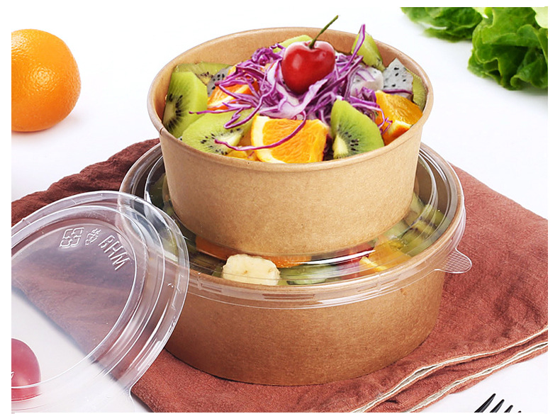 【品质精选】一次性沙拉碗牛皮纸打包碗水果沙拉盒圆纸碗带盖盒包邮
