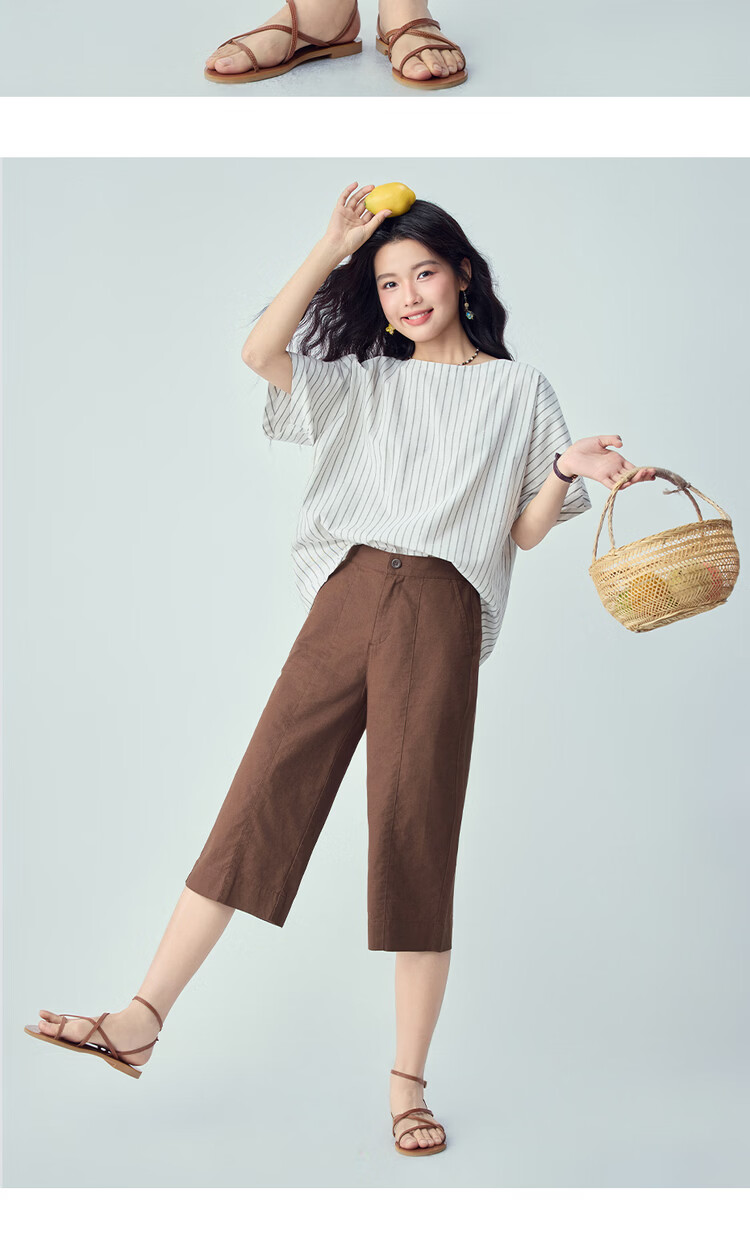 Giordano Women's Linen Pants 2026 Summer Cotton Linen Semi-Elastic Waist Seven-Point Straight Casual Trousers 13426315 13