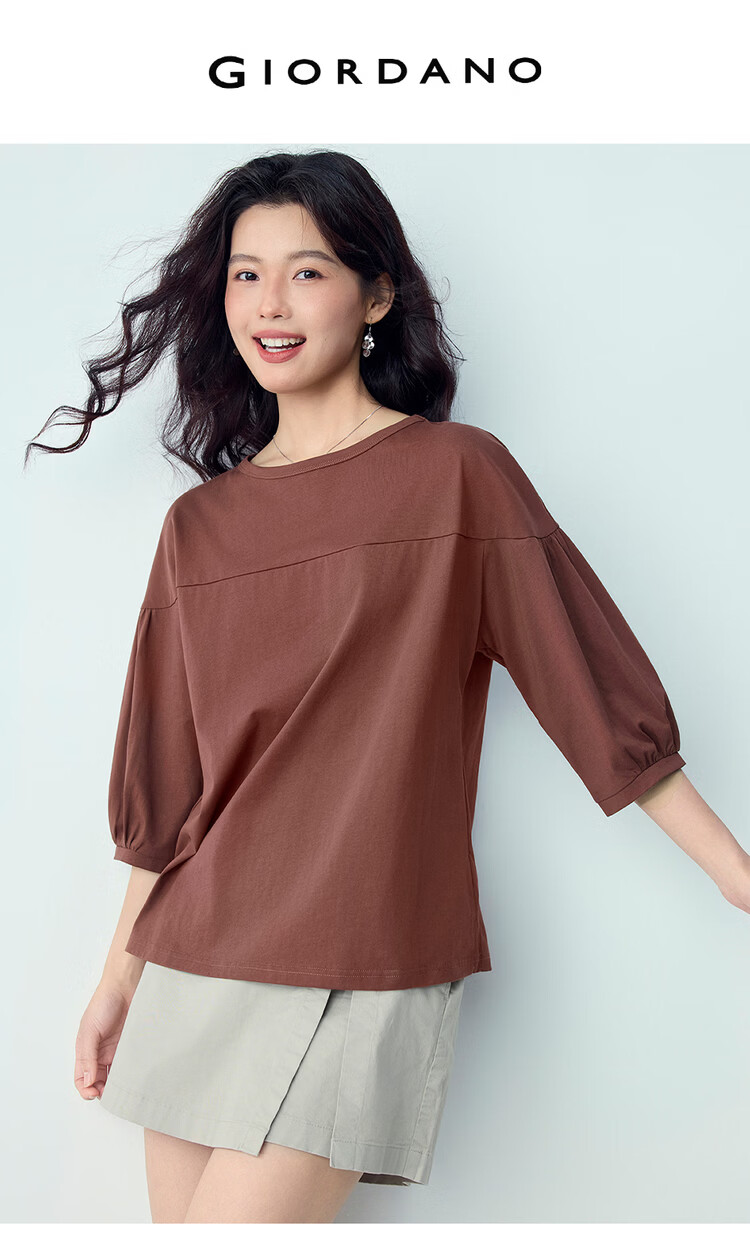 Giordano Women's Three-Quarter Sleeve T-Shirt, New Style, Pure Cotton, Solid Color, Loose Fit, Round Neck, Lantern Sleeves, Top, 13326210 3