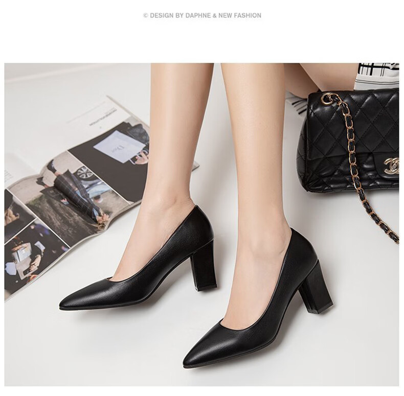 FOOTOPPO Women's Chunky Heel High Heels Interview Single Shoes Black Work Shoes for Flight Attendants Soft Sole Leather High Heels 25