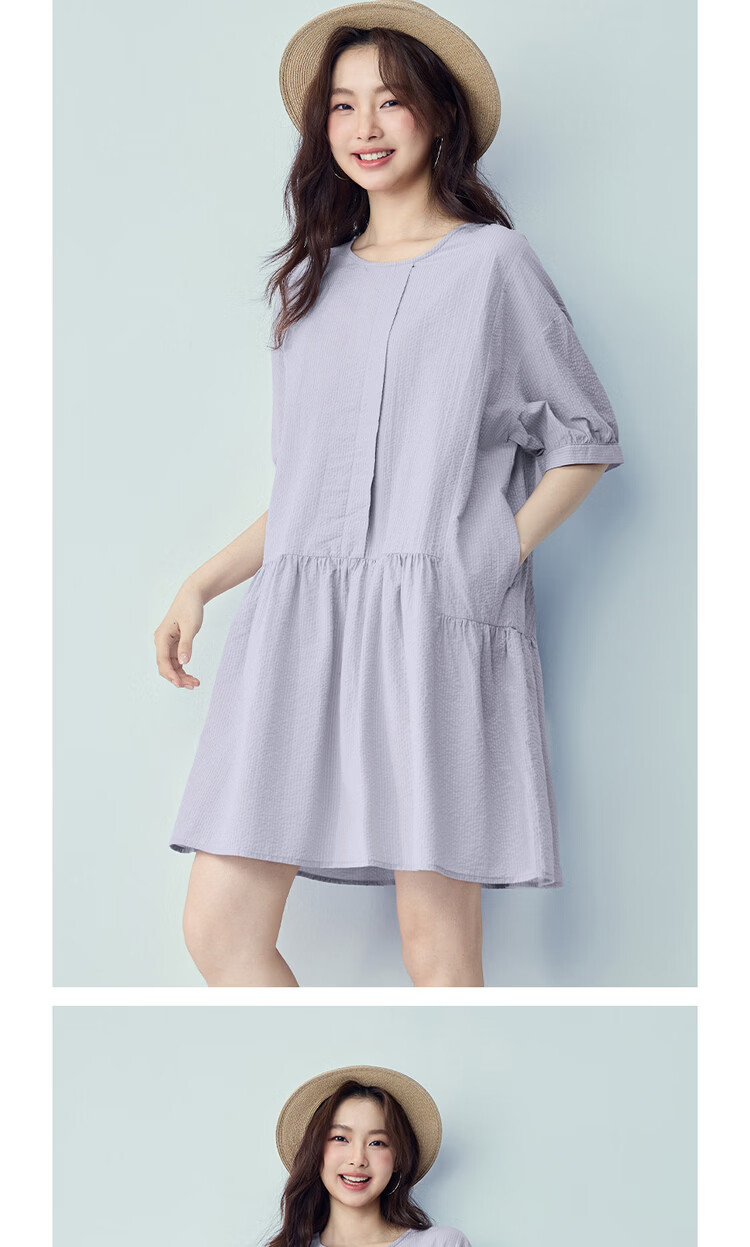 Giordano Women's Dress 2026 Summer Puff Wrinkle Pleated Round Neck Spliced Hem Dress 05466061 16