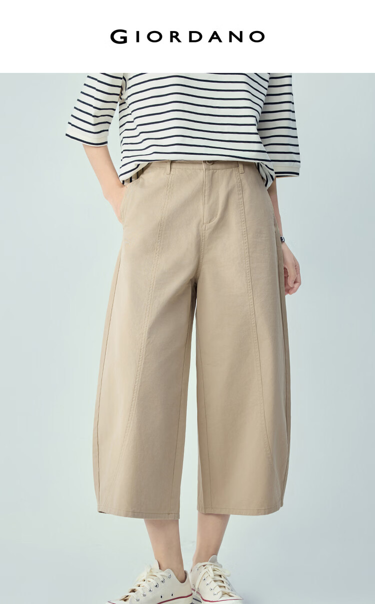 Giordano Women's 2026 Summer Pure Cotton Distressed Seven-Point Wide-Leg Mid-Waist Curved Casual Pants 13426309 3