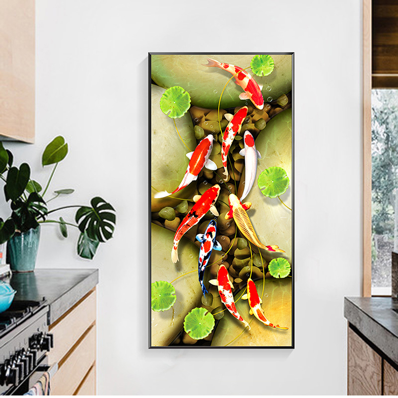 浅墨 九鱼图玄关装饰画壁画竖版走廊过道客厅挂画荷花九条鱼画 九鱼图