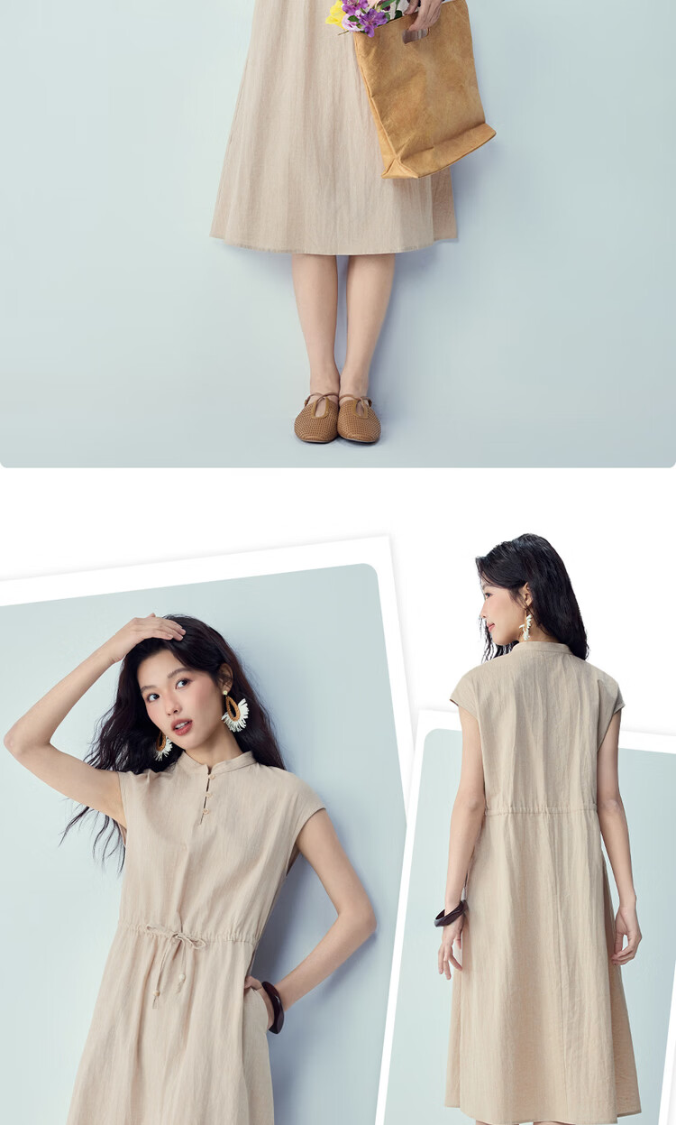 Giordano Women's Summer New Cotton Linen Tie Waist Stand Collar Short Sleeve Dress 05466327 16