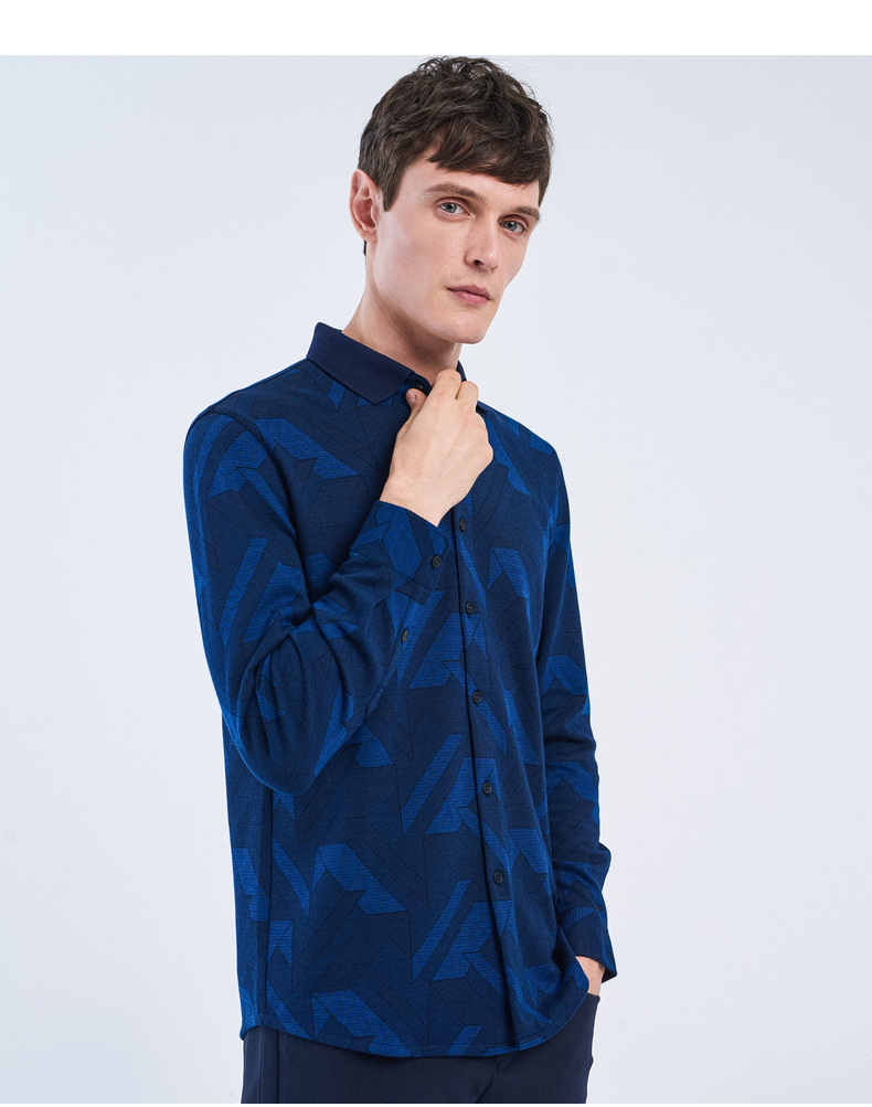 【40大庆】劲霸奥莱长袖丝光棉衬衫 秋季新款净色针织翻领时尚衬衣fc