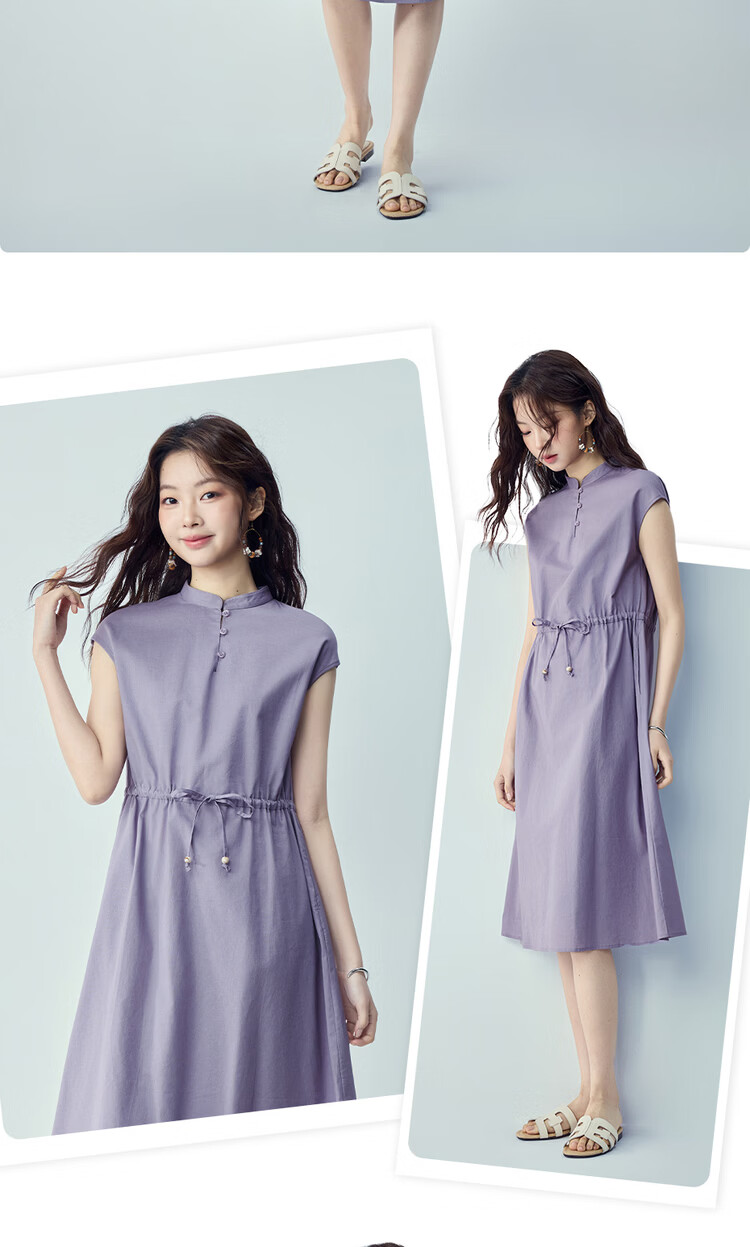 Giordano Women's Summer New Cotton Linen Tie Waist Stand Collar Short Sleeve Dress 05466327 13