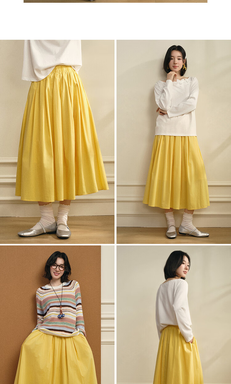 Giordano Designer Pleated Flared Skirt Women's 2026 Summer Yellow Elastic Waist Skirt 18466204 12