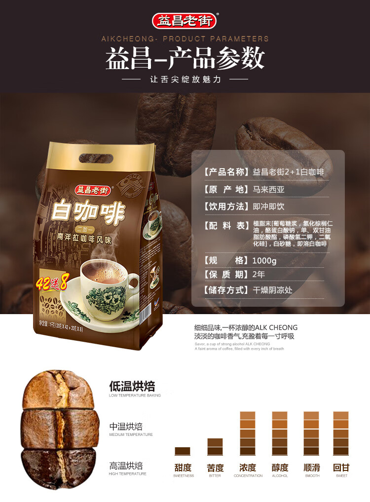 京闪配送进口马来西亚益昌老街二加一白咖啡粉20g50条速溶冲饮1件