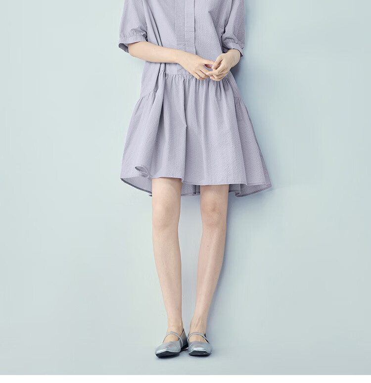 Giordano Women's Dress 2026 Summer Puff Wrinkle Pleated Round Neck Spliced Hem Dress 05466061 18
