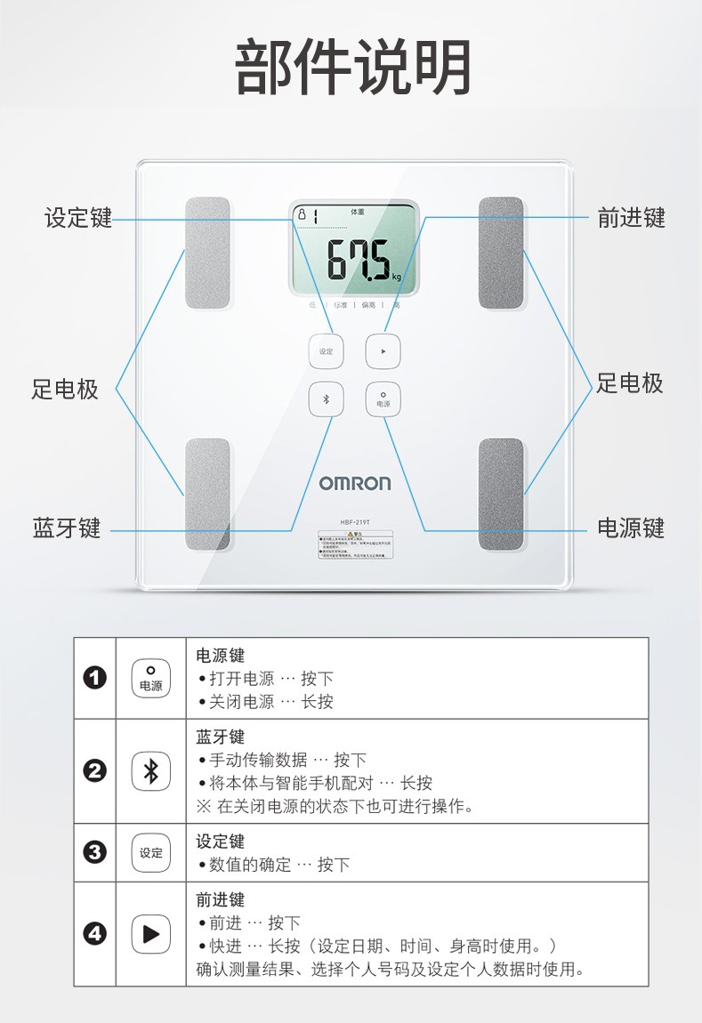 歐姆龍omron智能體脂秤體重身體脂肪測量器hbf219t體脂測量儀藍牙電子