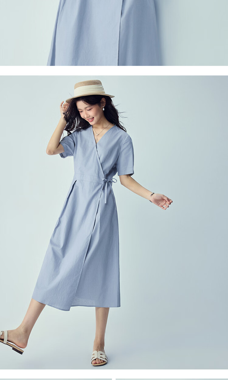 Giordano Women's Summer New Cotton Linen Patchwork Tie V-Neck Short Sleeve Dress 05466328 14