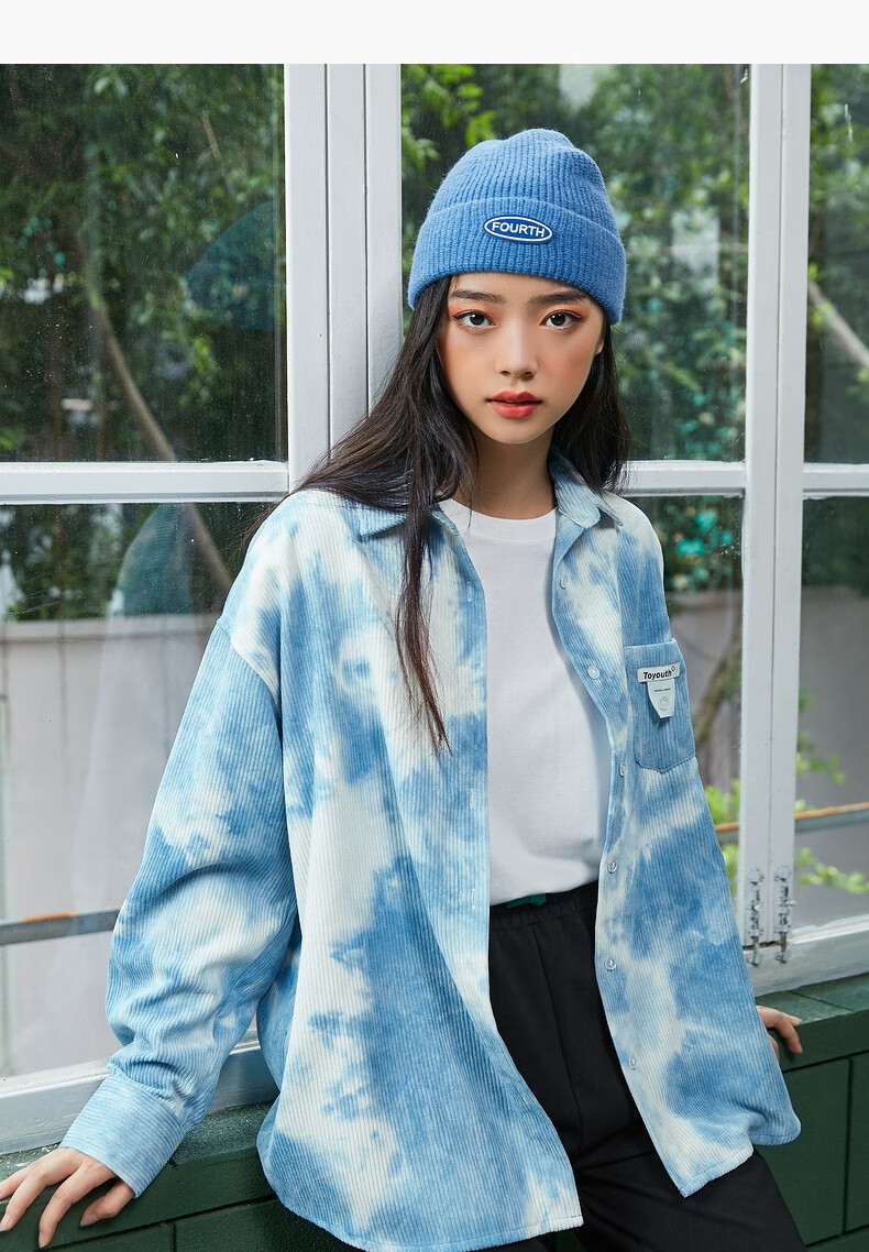 初语扎染衬衫女2021秋季新款学院口袋宽松长袖衬衣灯芯绒薄款外套蓝白