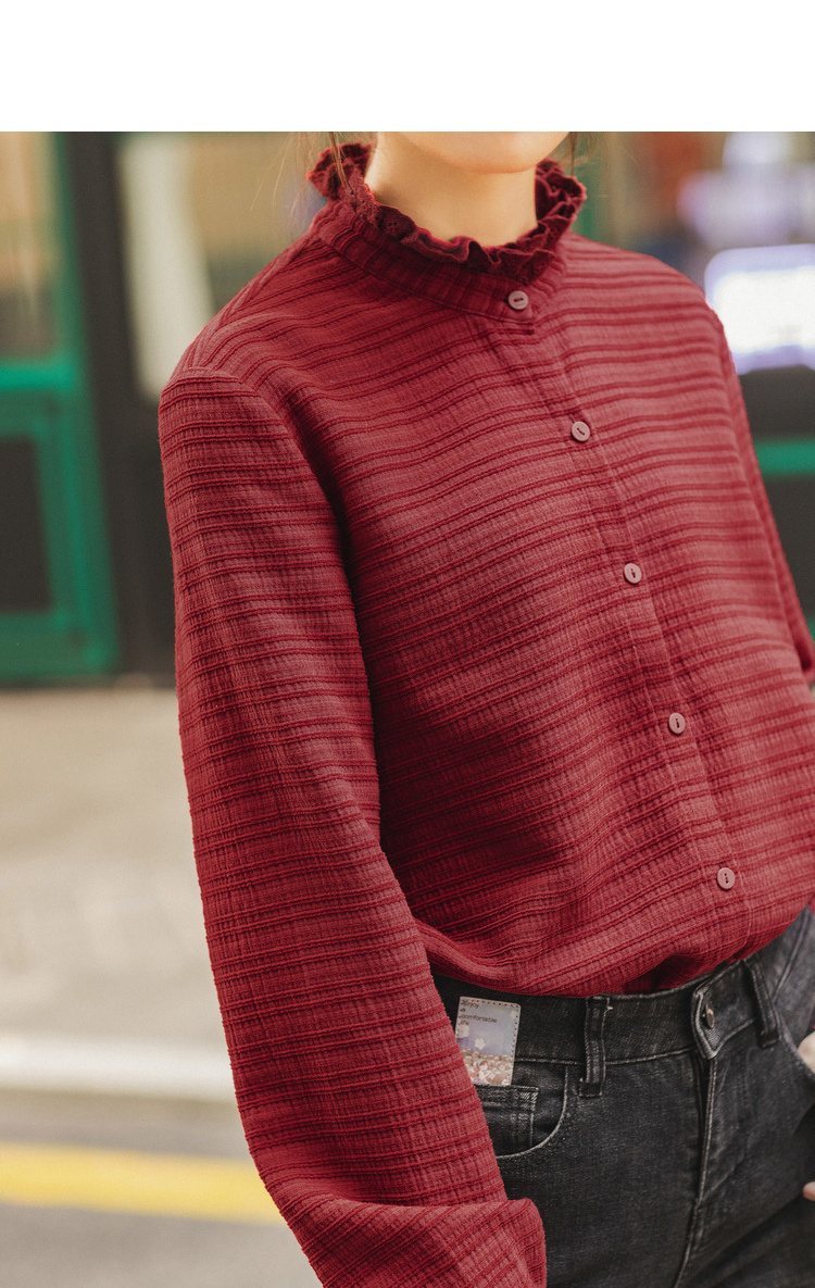 冬装新款文艺花边立领条纹舒适宽松长袖衬衣上衣女【1814394】 枣红色