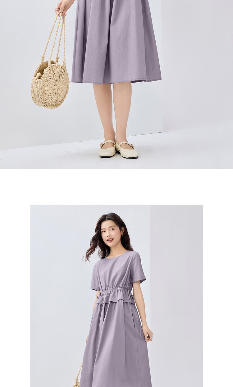 Giordano Women's New Pure Cotton Poplin Fake Two-Piece Drawstring Waist Slim Fit Round Neck Dress 05464330 19