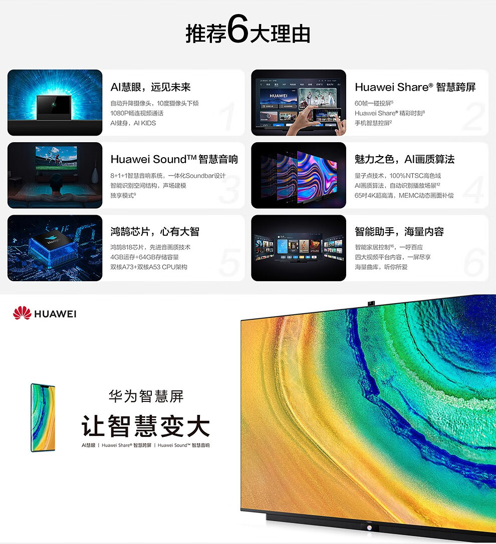 华为智慧屏v65星际黑harmonyos265英寸4k量子点464gb升降式ai摄像头