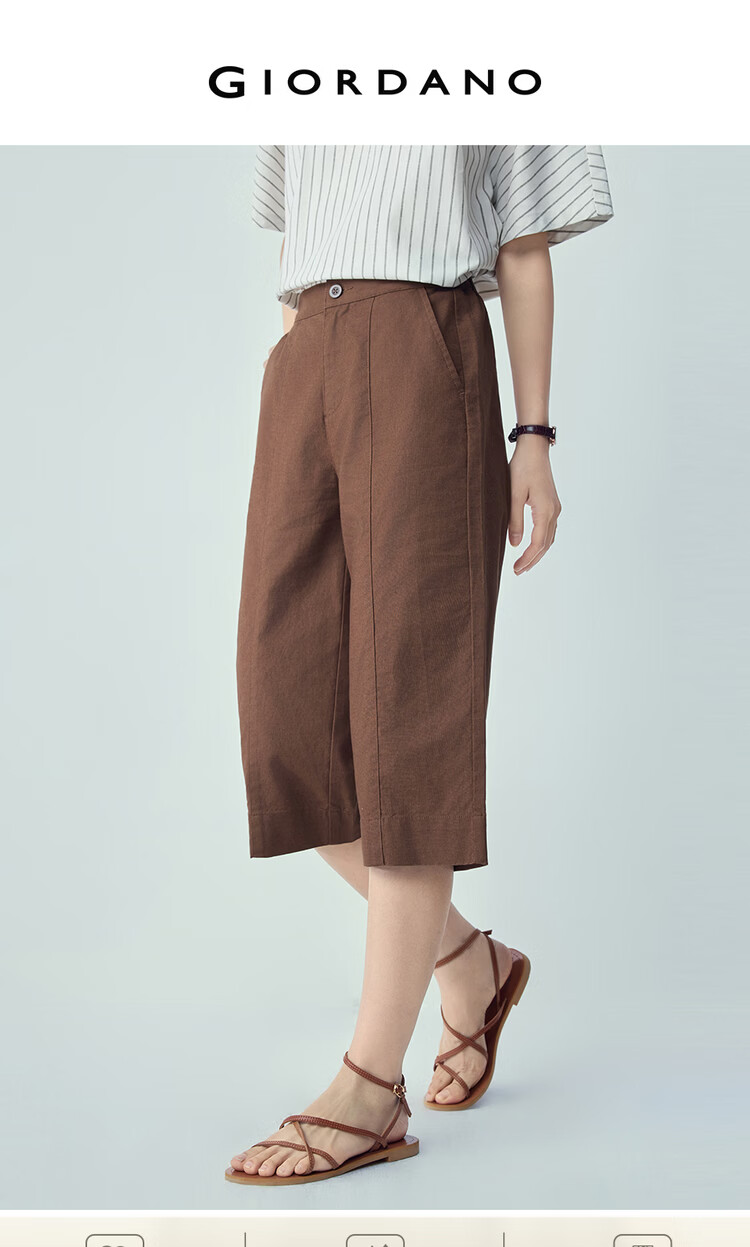 Giordano Women's Linen Pants 2026 Summer Cotton Linen Semi-Elastic Waist Seven-Point Straight Casual Trousers 13426315 3