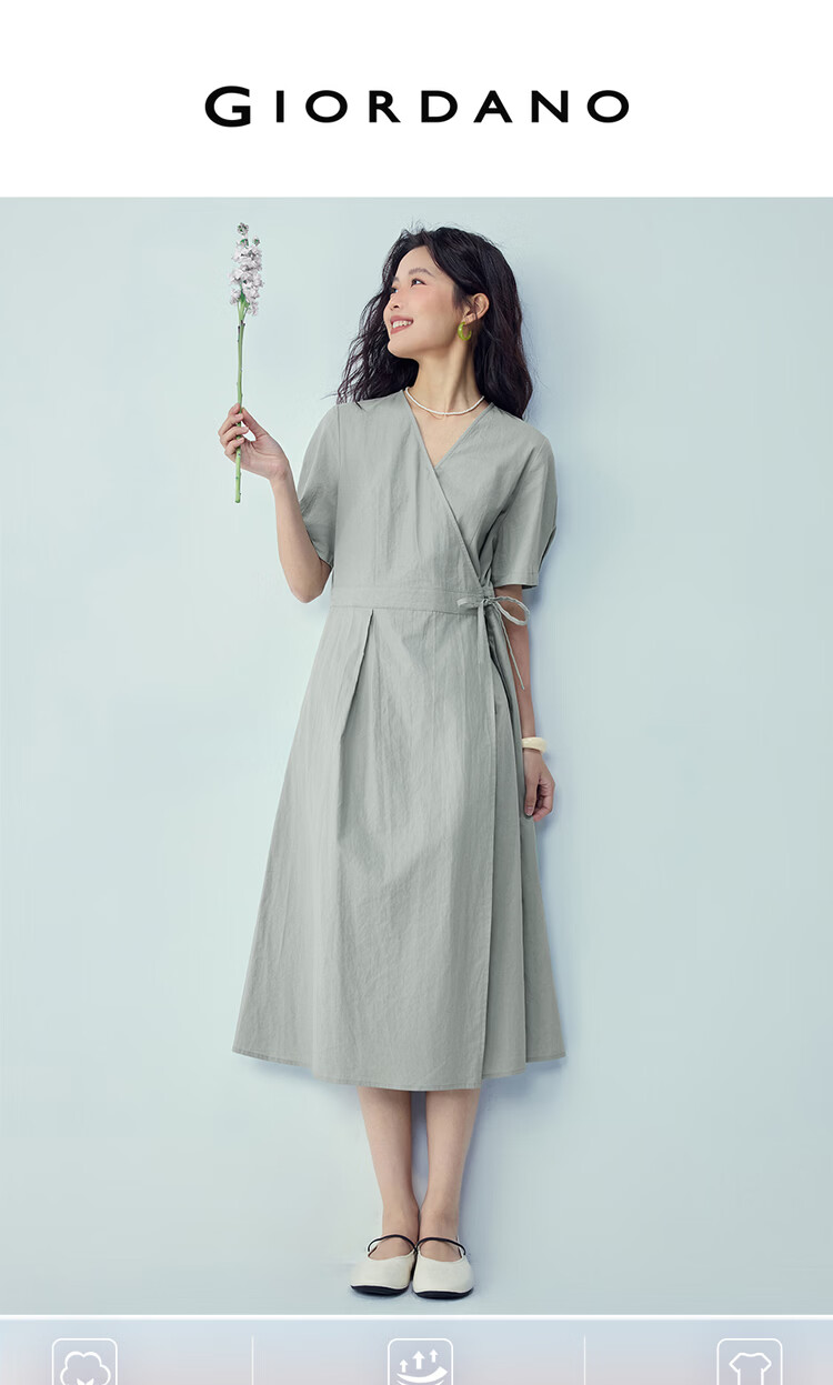 Giordano Women's Summer New Cotton Linen Patchwork Tie V-Neck Short Sleeve Dress 05466328 3