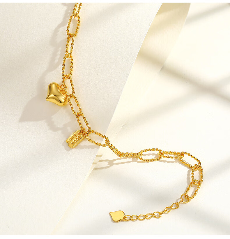 alice/爱丽丝珠宝足金 5g爱心手链999黄金花丝手链 镜面心形幸运挂件