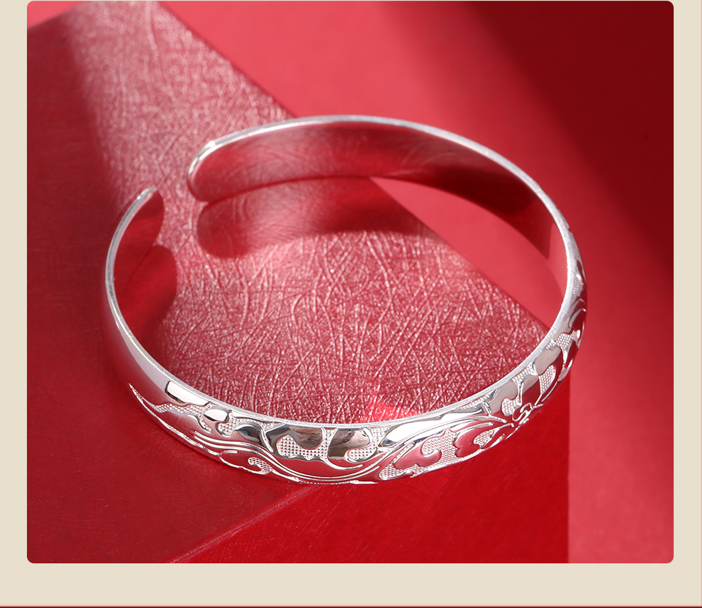 手镯银饰s999足银手镯送妈妈老式中老年民族风光面内圈福字银镯子女款