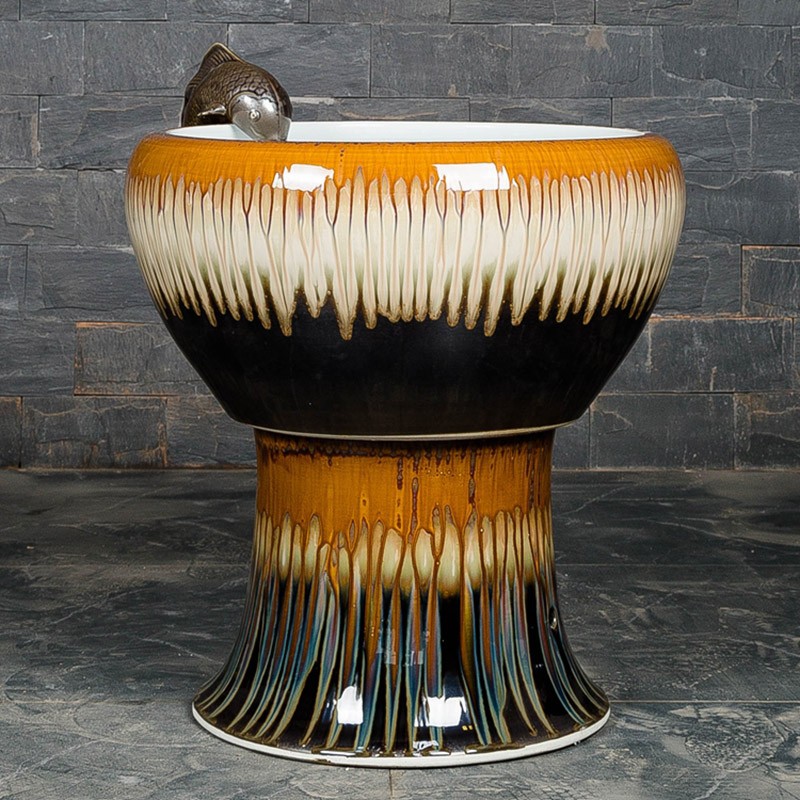 臻爵家饰 瓷器底座鱼缸循环过滤喷水金鱼缸睡莲养鱼盆圆形中式锦鲤缸