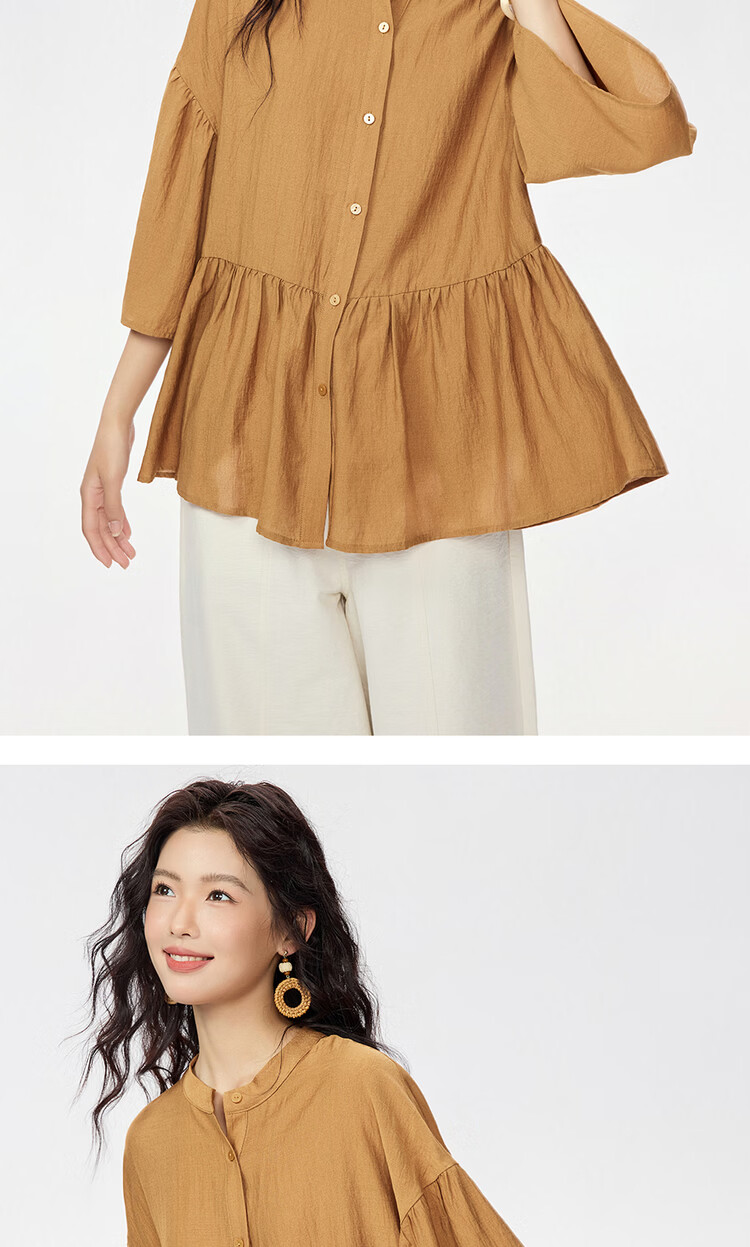 Giordano Women's Ruffle Collar Shirt, 2026 New Style, Stand-Up Collar, Three-Quarter Flared Sleeves, Loose Fit, Doll Collar Top, 13345851 13