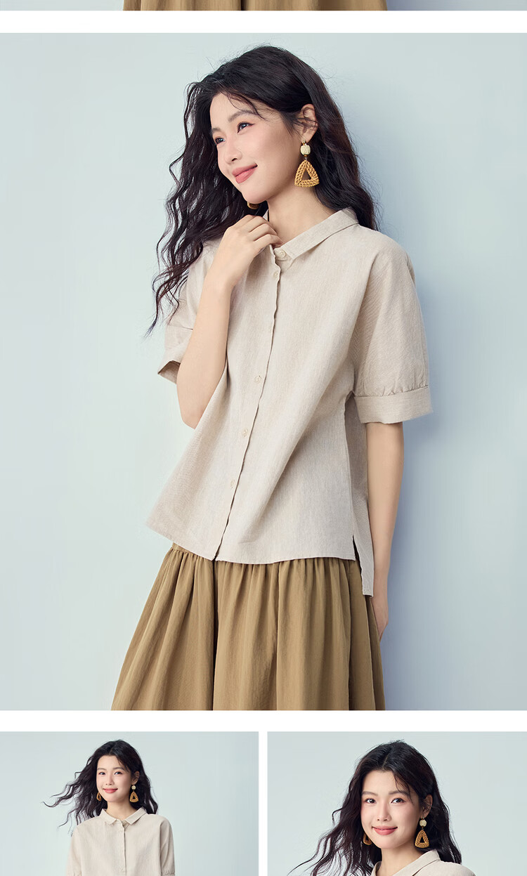 Giordano 2026 Summer New Cotton Linen Small Turn-down Collar Asymmetric Hem Linen Shirt for Women Short Sleeve 13346237 15