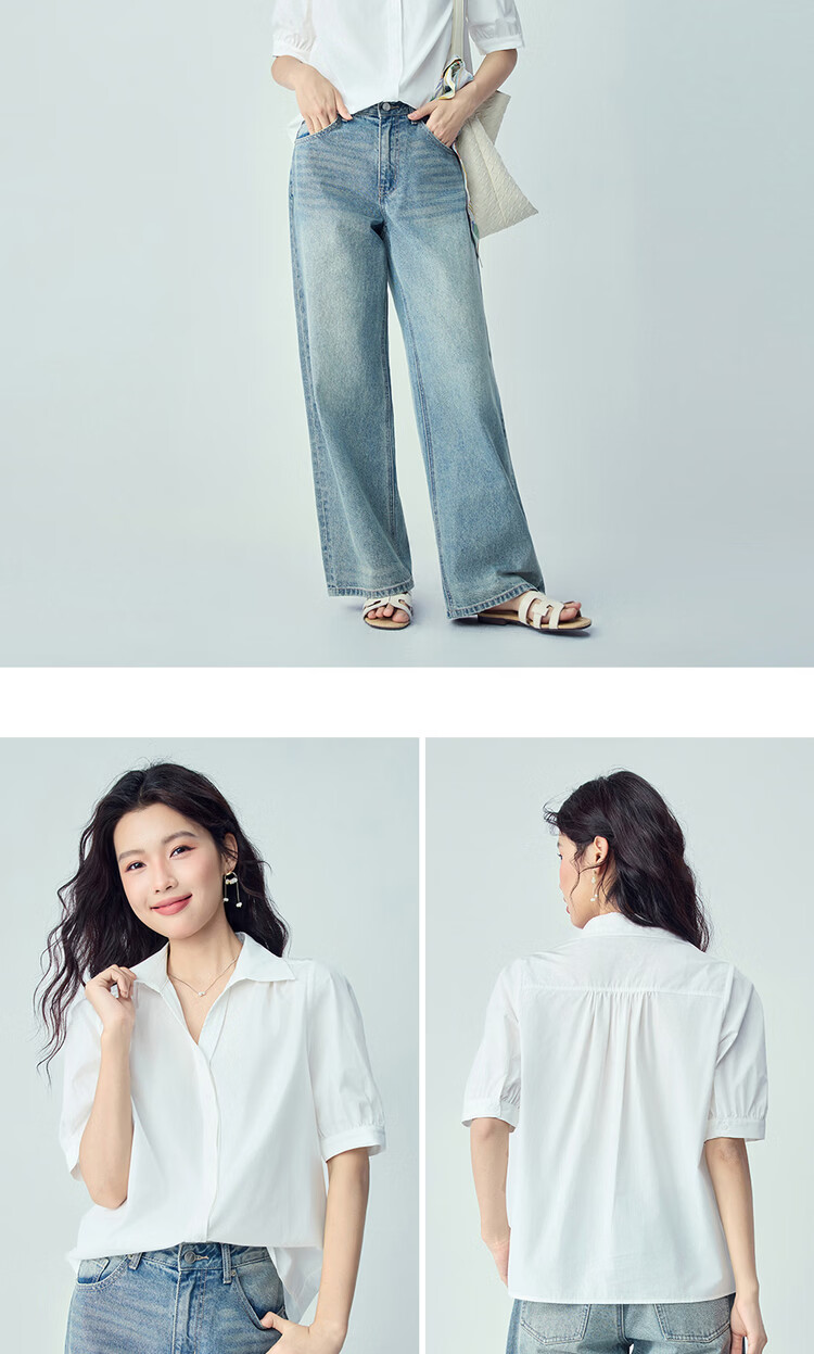 Giordano 2026 Summer Pure Cotton Loose Seagull Collar V-Neck Puff Sleeve Short Sleeve Shirt for Women 13346212 14