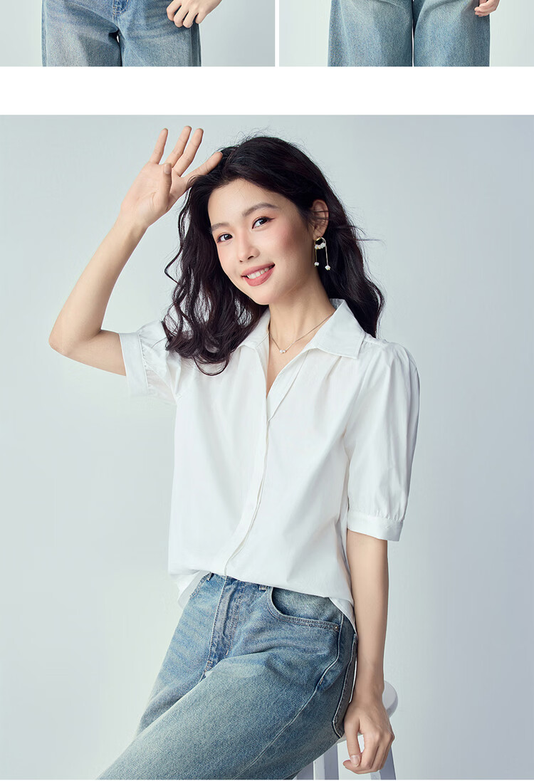 Giordano 2026 Summer Pure Cotton Loose Seagull Collar V-Neck Puff Sleeve Short Sleeve Shirt for Women 13346212 15