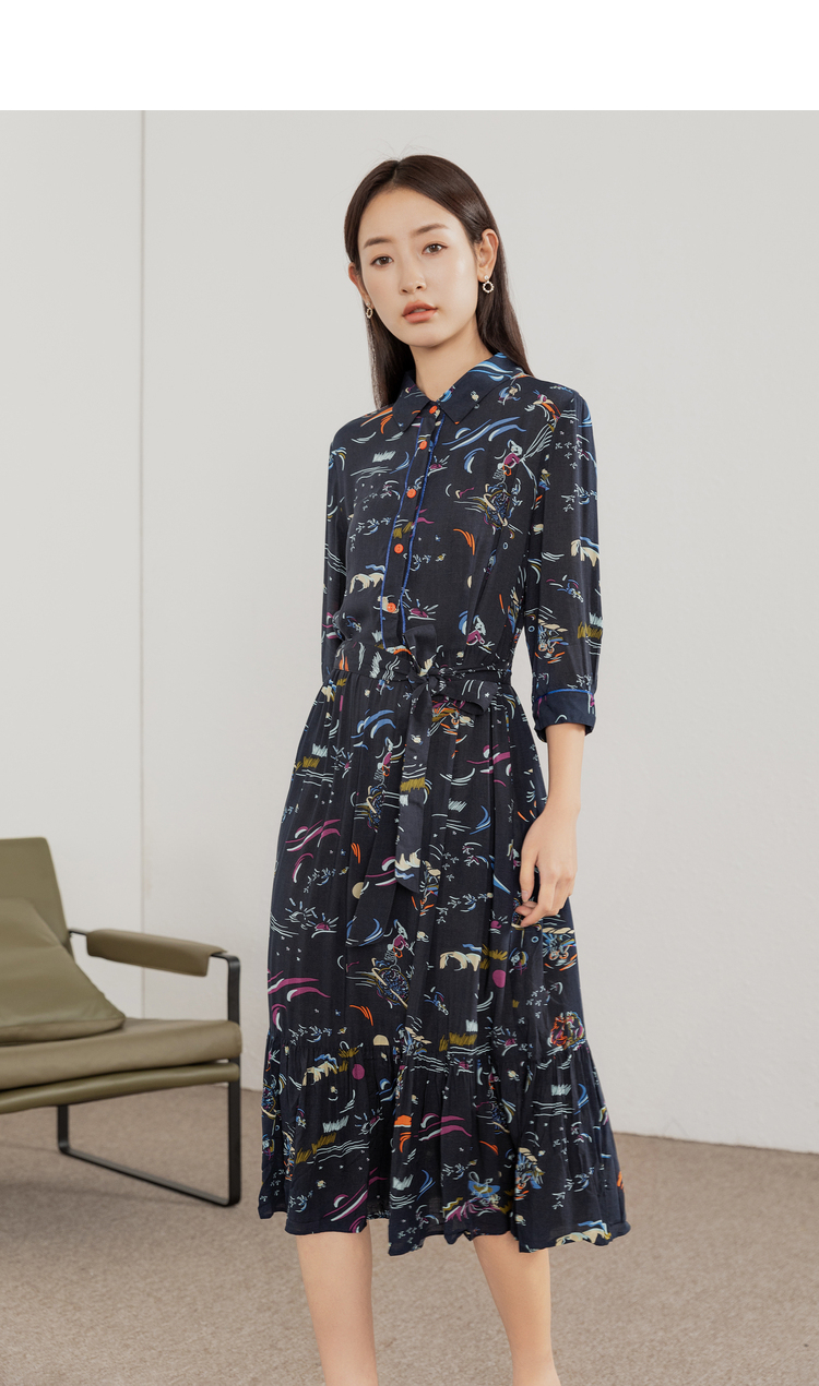 熙然(xiran)2022秋季新款收腰翻领衬衫裙连衣裙女腰带七分袖裙子 夜空