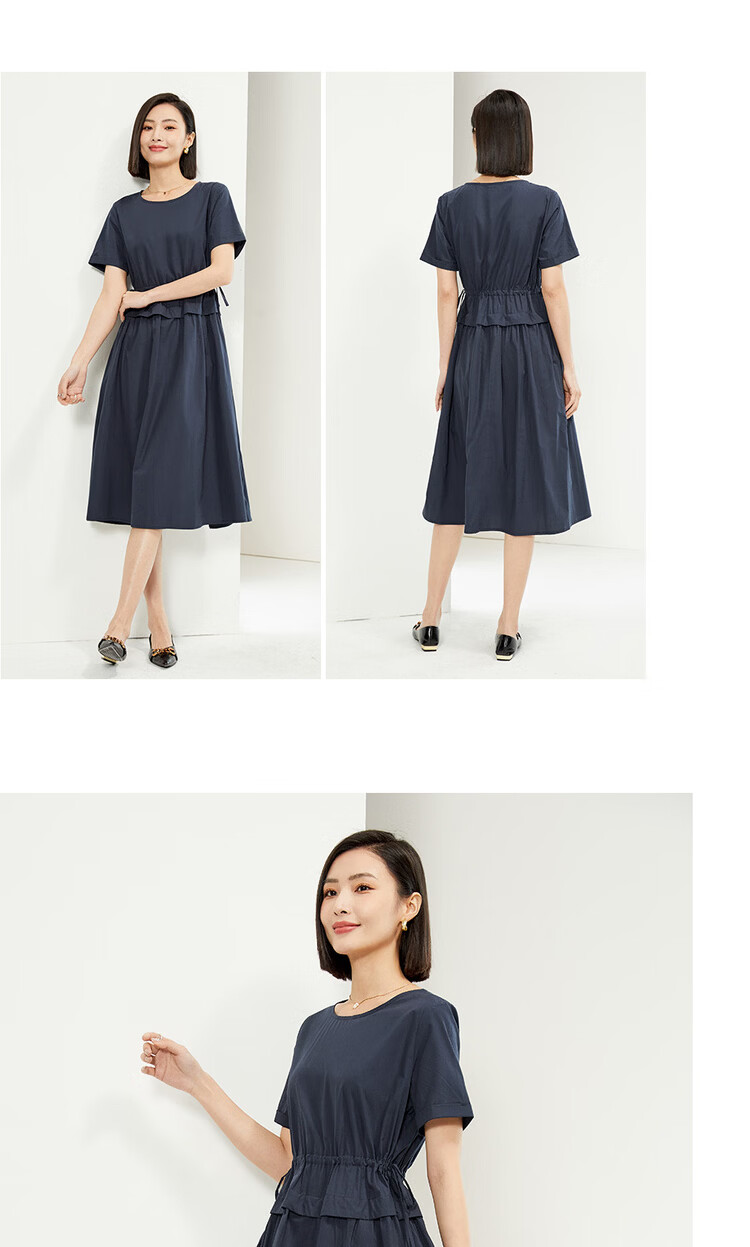 Giordano Women's New Pure Cotton Poplin Fake Two-Piece Drawstring Waist Slim Fit Round Neck Dress 05464330 17